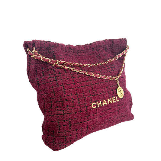 Chanel 22 mittelgroße Hobobag aus Tweed Burgunderrot goldene Hardware / neuwertig Chanel