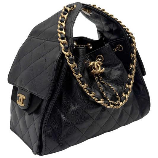 Chanel 25 Kleine Tasche Kaviarleder Schwarz Hardware Gold gealtert – Ansicht 2