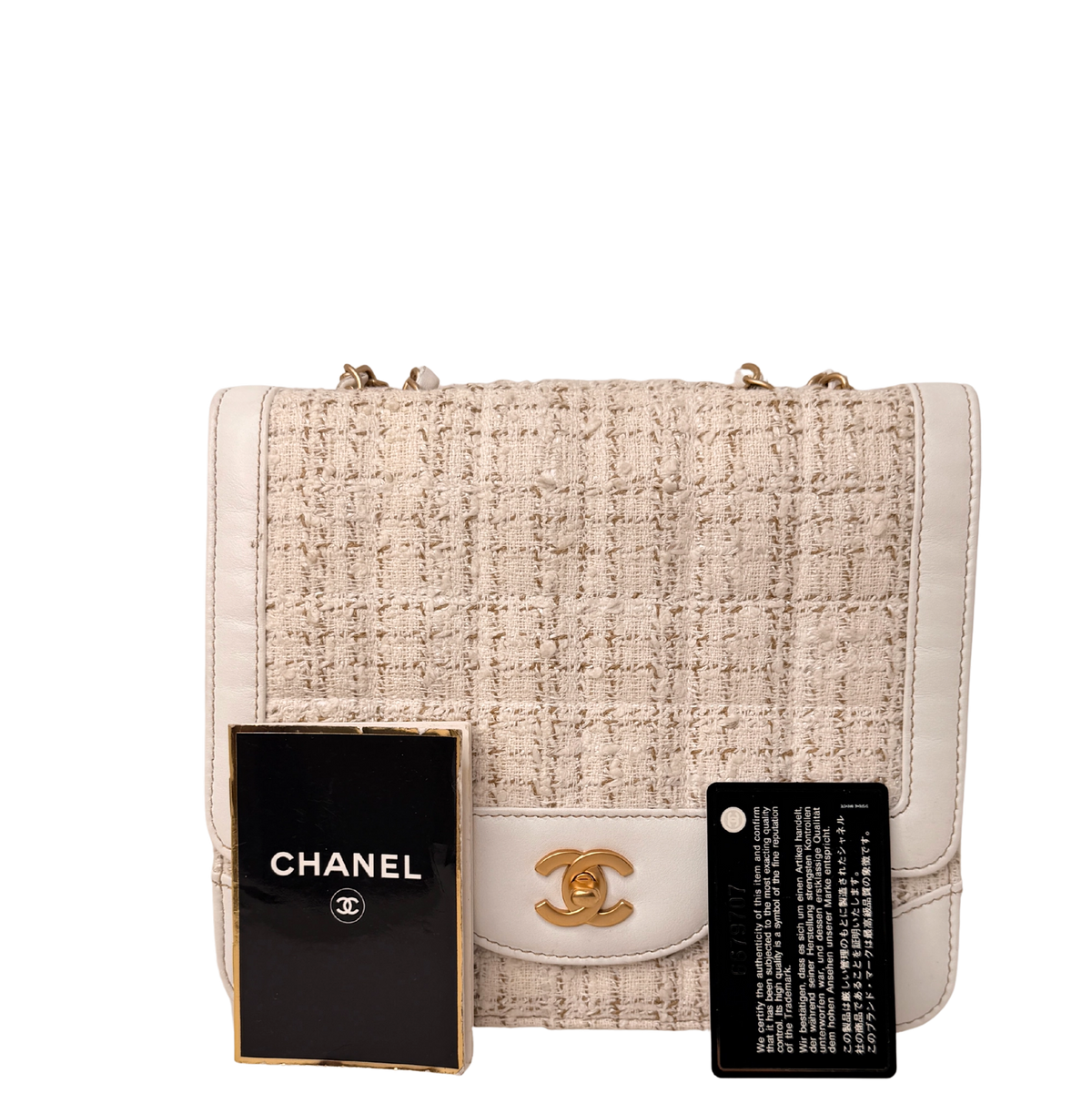 Chanel Classic Square Flap Bag Tweed weiss / beige / sehr gut Chanel