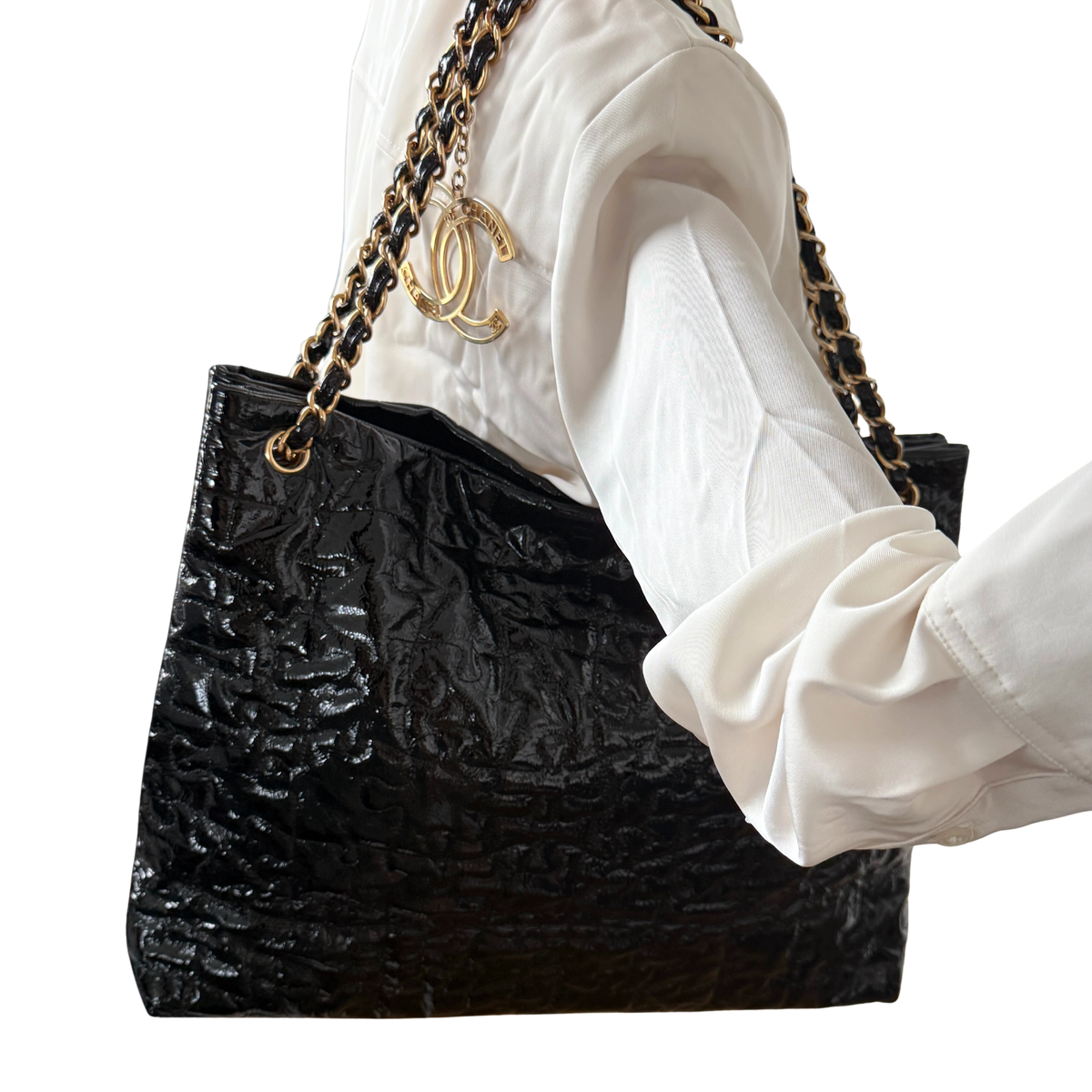 Chanel Puzzle Quilted Patent Tote Bag Schwarz / sehr gut Chanel