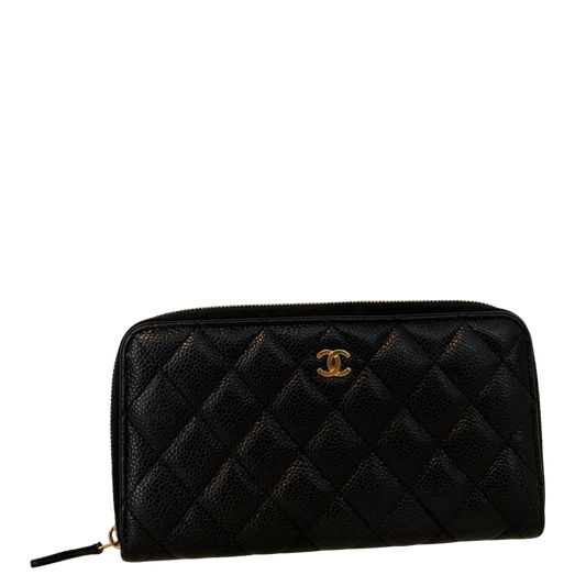 Chanel Gusset Zip Around portemonnee van kaviaarleer zwart