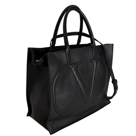 Valentino Garavani VLogo Walk Shopping Bag Kalbsleder Schwarz Gold
