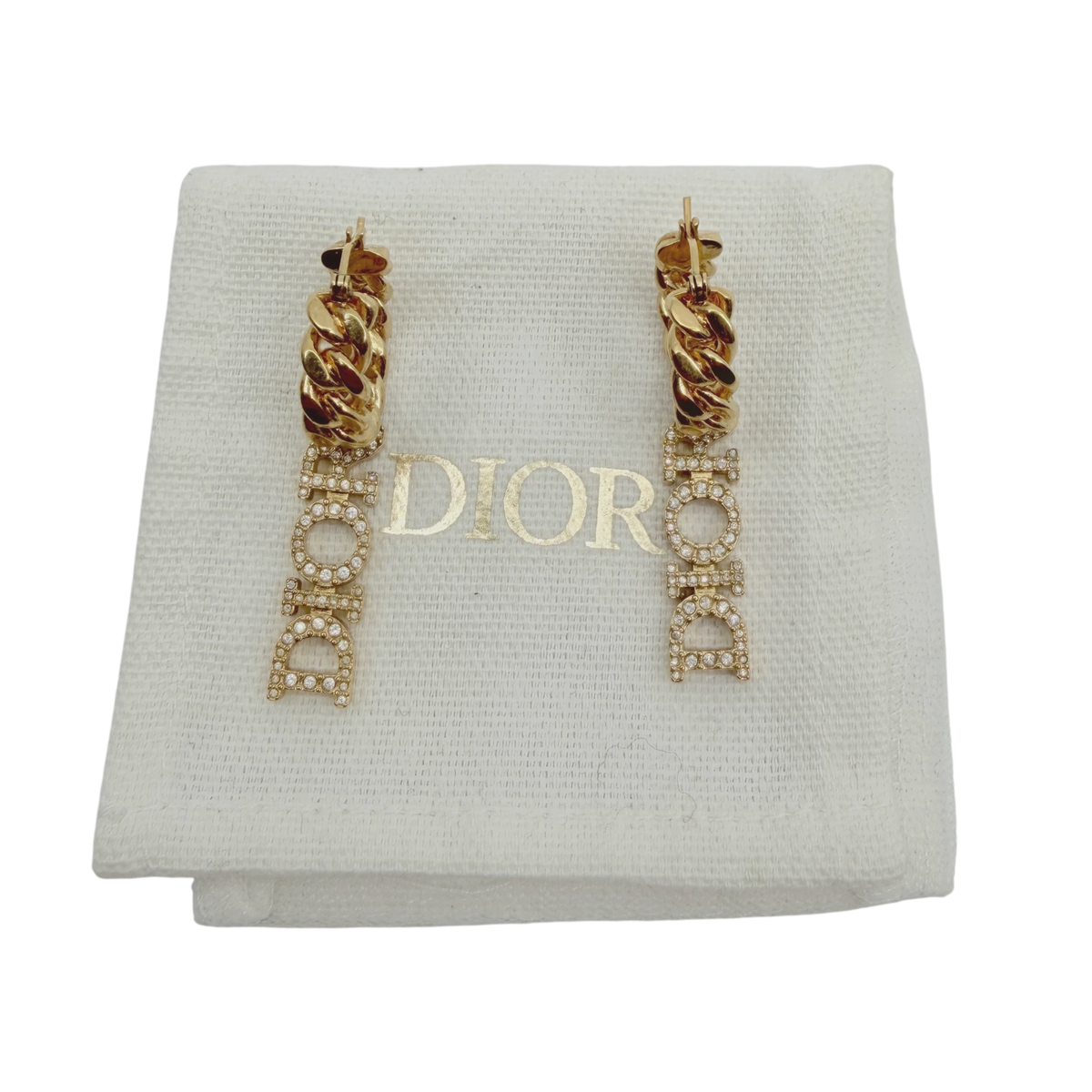 Dior Hoop Earrings Curb Chain with DIOR Pendant Crystals Gold Finish