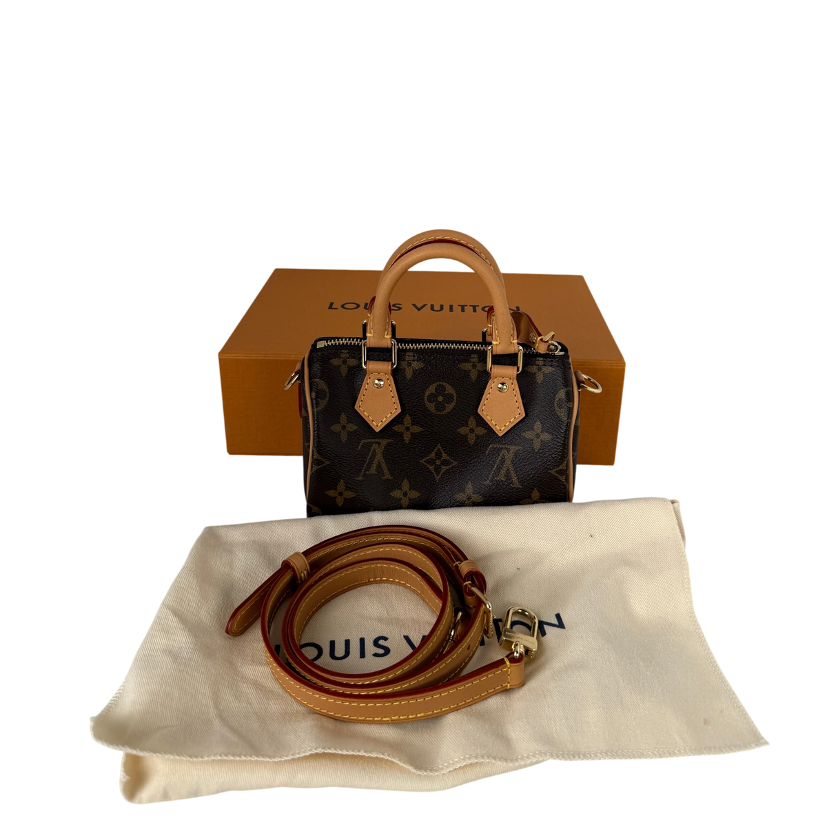 Louis Vuitton Nano Speedy Monogram Canvas Bruin Goud met riem