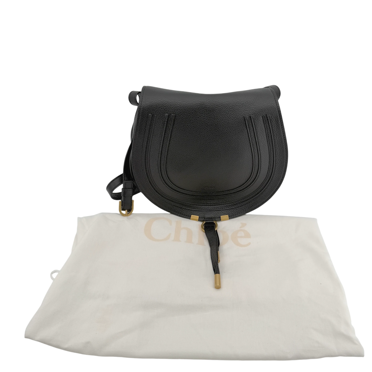 Chloé Marcie Medium Saddle Bag Genarbtes Kalbsleder Schwarz Gold – Ansicht 10