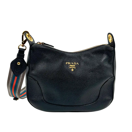 Prada Vitello Daino Zippered Messenger Hobo Bag schwarz / sehr gut Prada