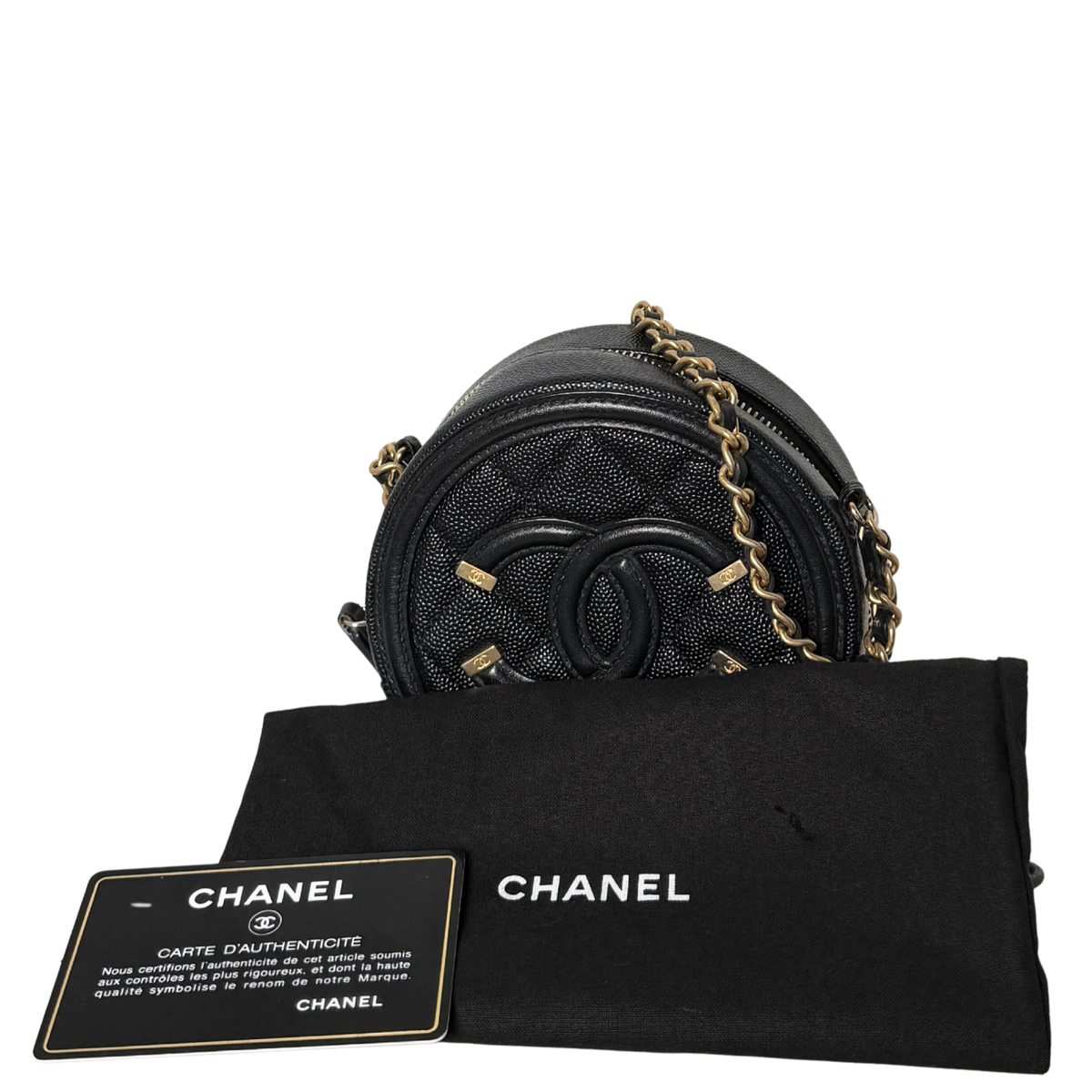 Chanel Runde CC Filigree Clutch aus Kaviarleder Schwarz / sehr gut Chanel