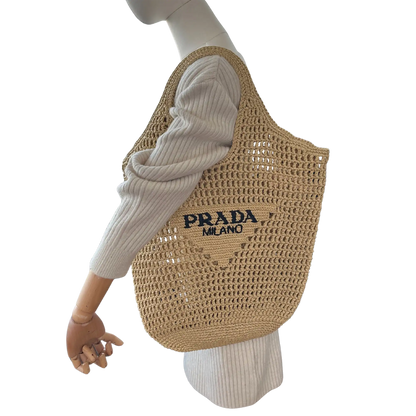 Prada Shopping Bag with Logo Embroidery Raffiabast beige Tasche / neuwertig Prada