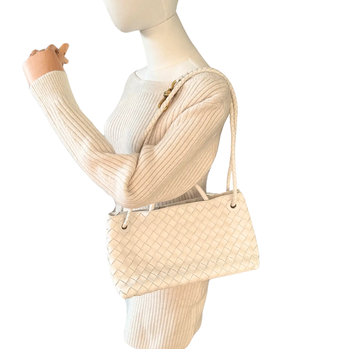 Bottega Veneta East/West Andiamo kleine Tote aus Intrecciato-Leder weiß 2023 / sehr gut Bottega Veneta