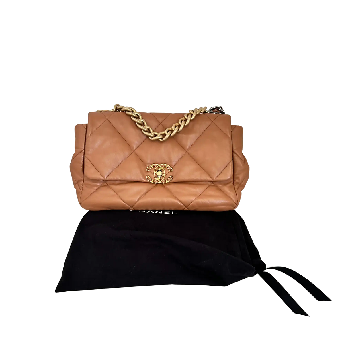 Chanel 19 Flap Bag Medium Tasche glänzendes Lammleder Caramel / sehr gut Chanel
