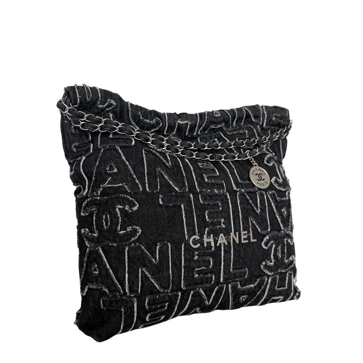 Chanel 22 mittelgroße Hobobag aus Denim Schwarz silberne Hardware / neuwertig Chanel