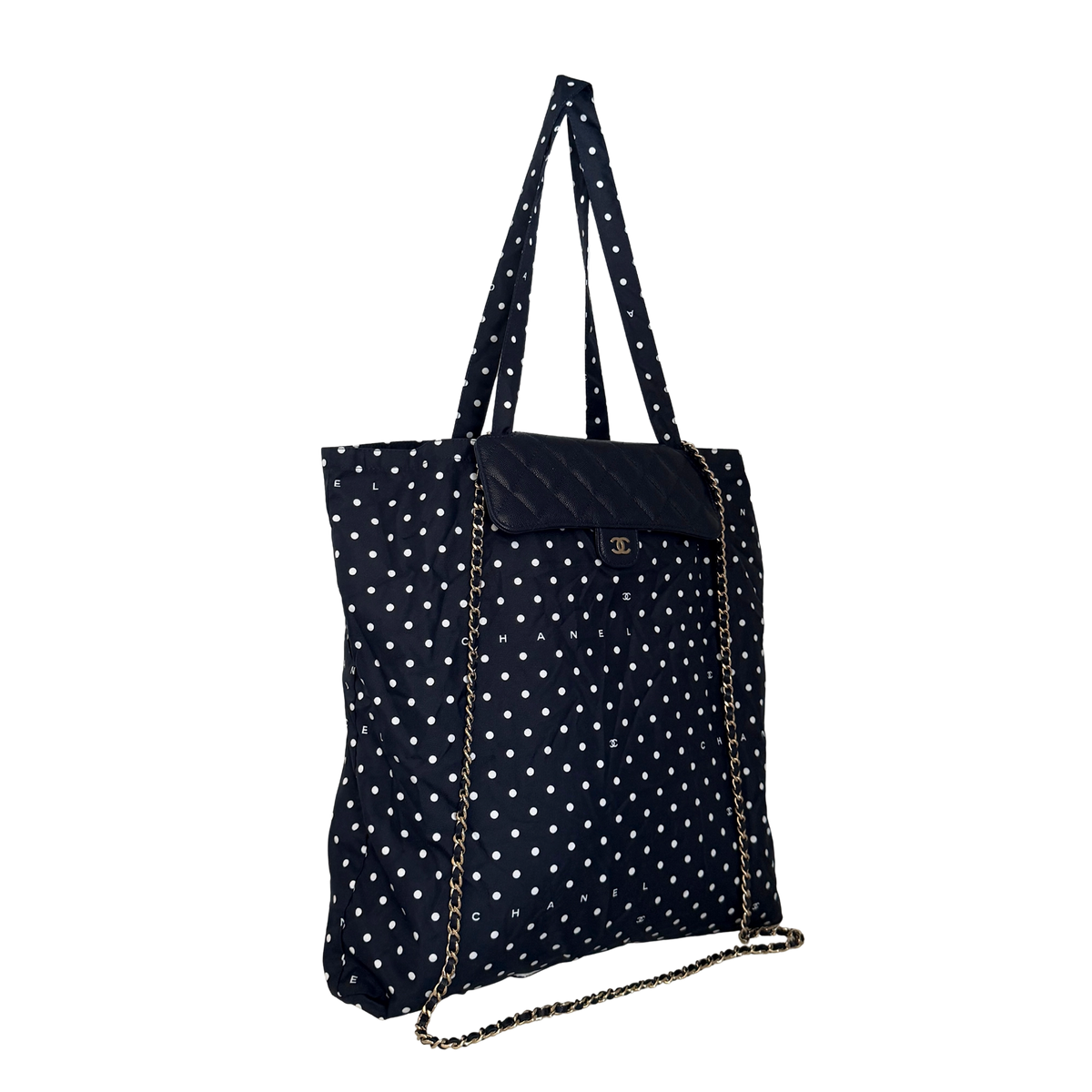 Chanel Quilted Foldable Chain Tote Bag Caviar mit Polka Dots Navyblau / neuwertig Chanel