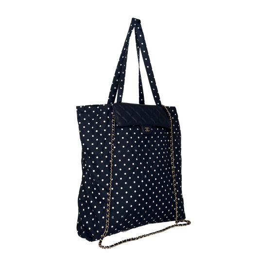Chanel Quilted Foldable Chain Tote Bag Caviar mit Polka Dots Navyblau / neuwertig Chanel