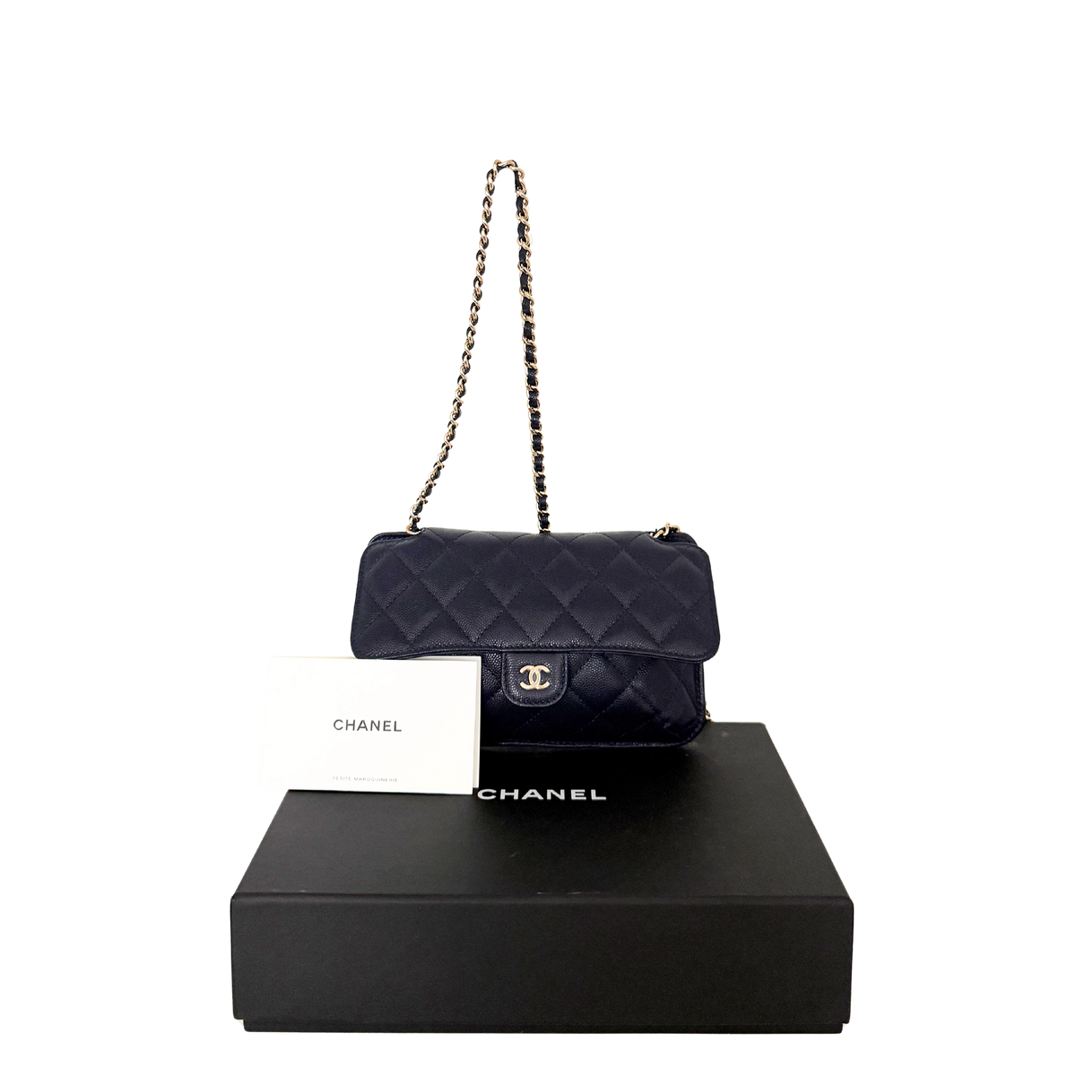 Chanel Quilted Foldable Chain Tote Bag Caviar mit Polka Dots Navyblau / neuwertig Chanel