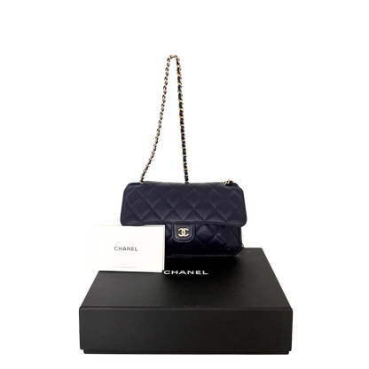 Chanel Quilted Foldable Chain Tote Bag Caviar mit Polka Dots Navyblau / neuwertig Chanel