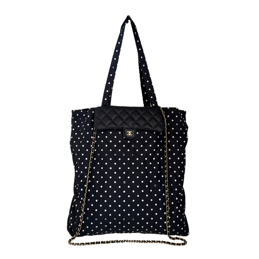 Chanel Quilted Foldable Chain Tote Bag Caviar mit Polka Dots Navyblau / neuwertig Chanel