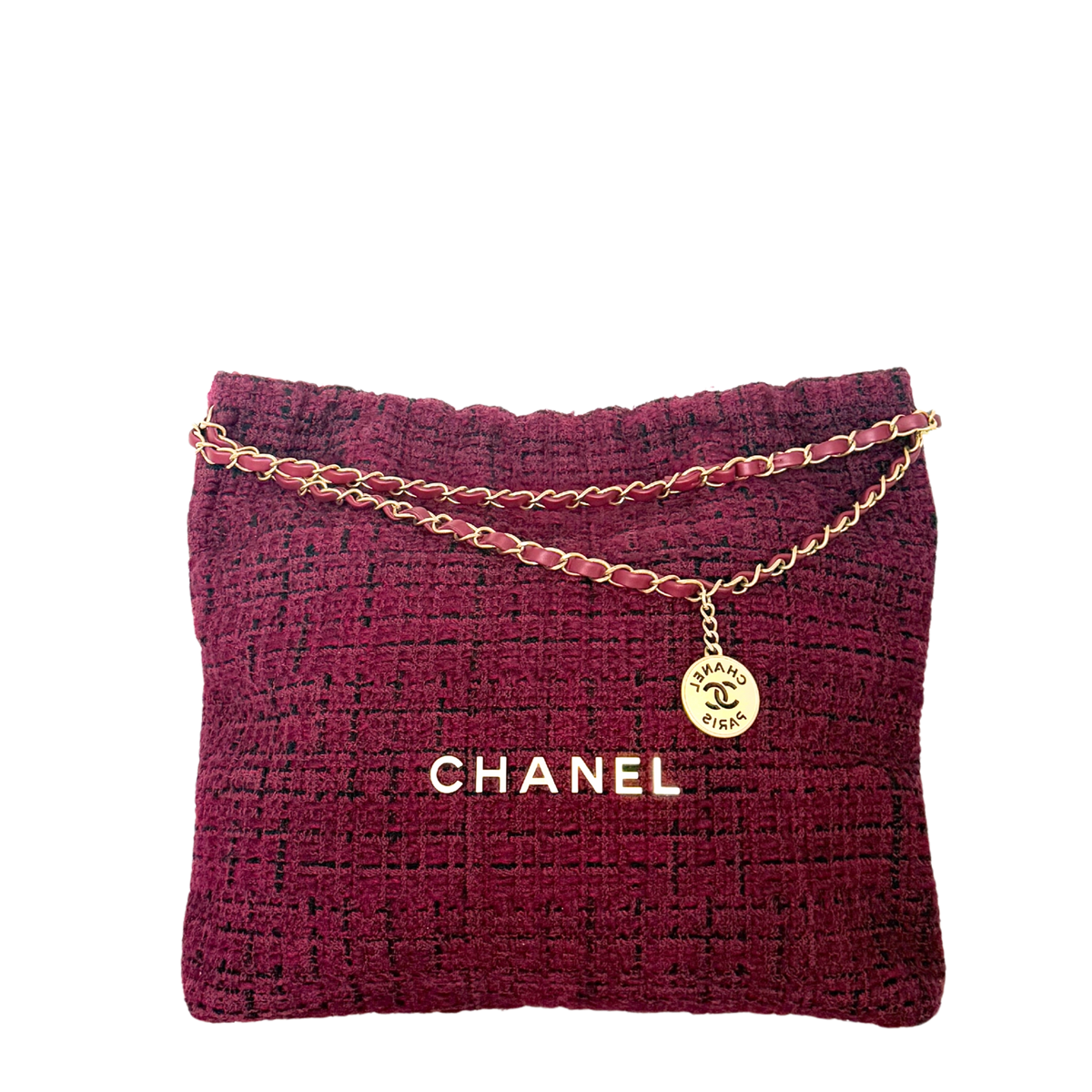 Chanel 22 mittelgroße Hobobag aus Tweed Burgunderrot goldene Hardware / neuwertig Chanel