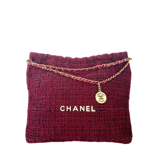 Chanel 22 middelgrote hobo tas van bordeauxrode tweed met gouden hardware