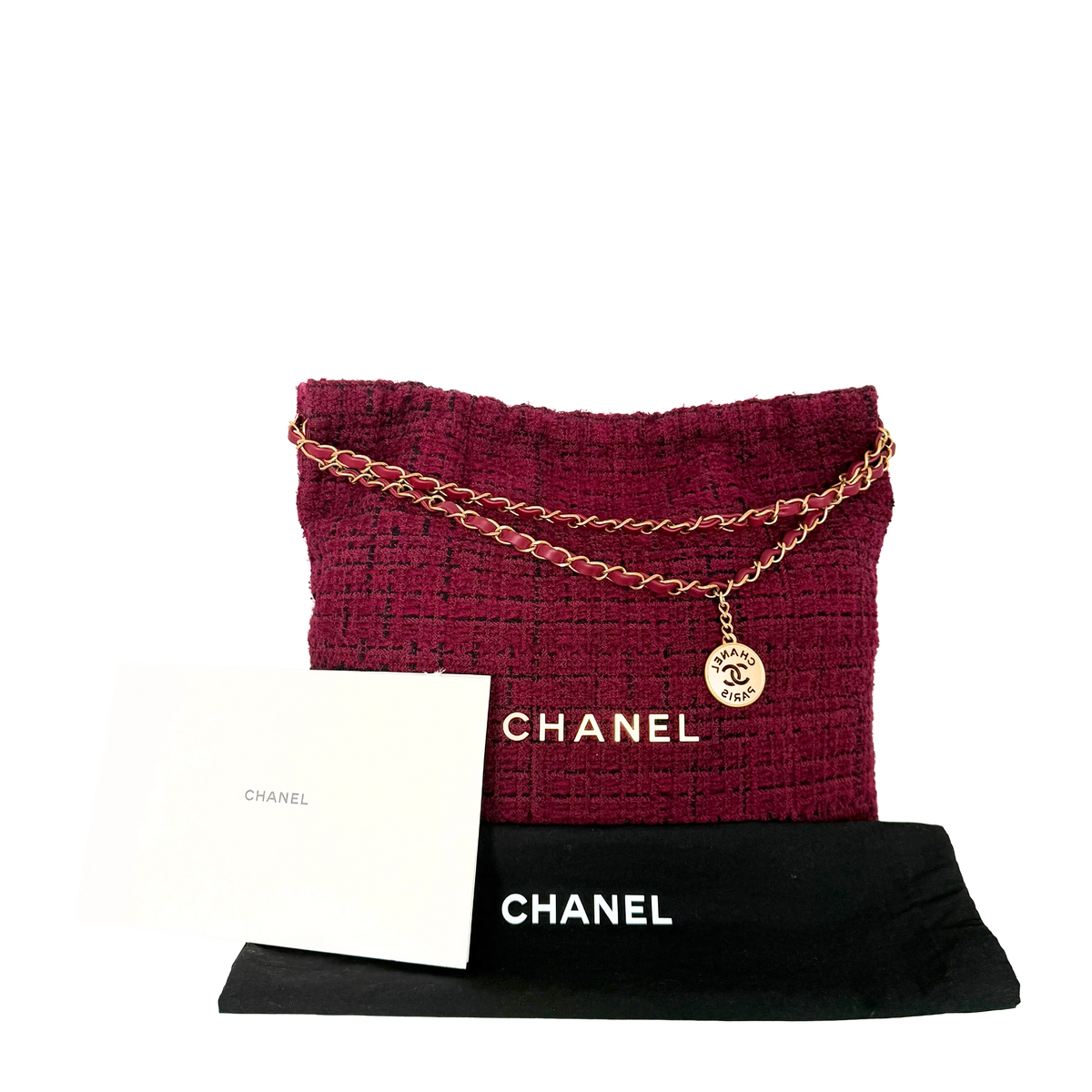 Chanel 22 mittelgroße Hobobag aus Tweed Burgunderrot goldene Hardware / neuwertig Chanel