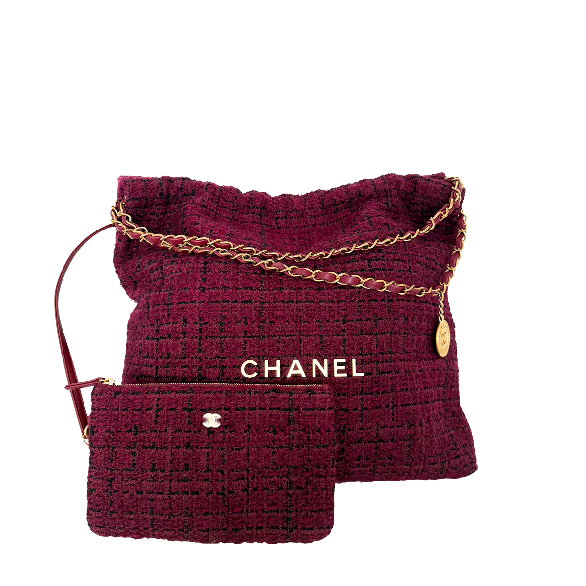 Chanel 22 mittelgroße Hobobag aus Tweed Burgunderrot goldene Hardware / neuwertig Chanel