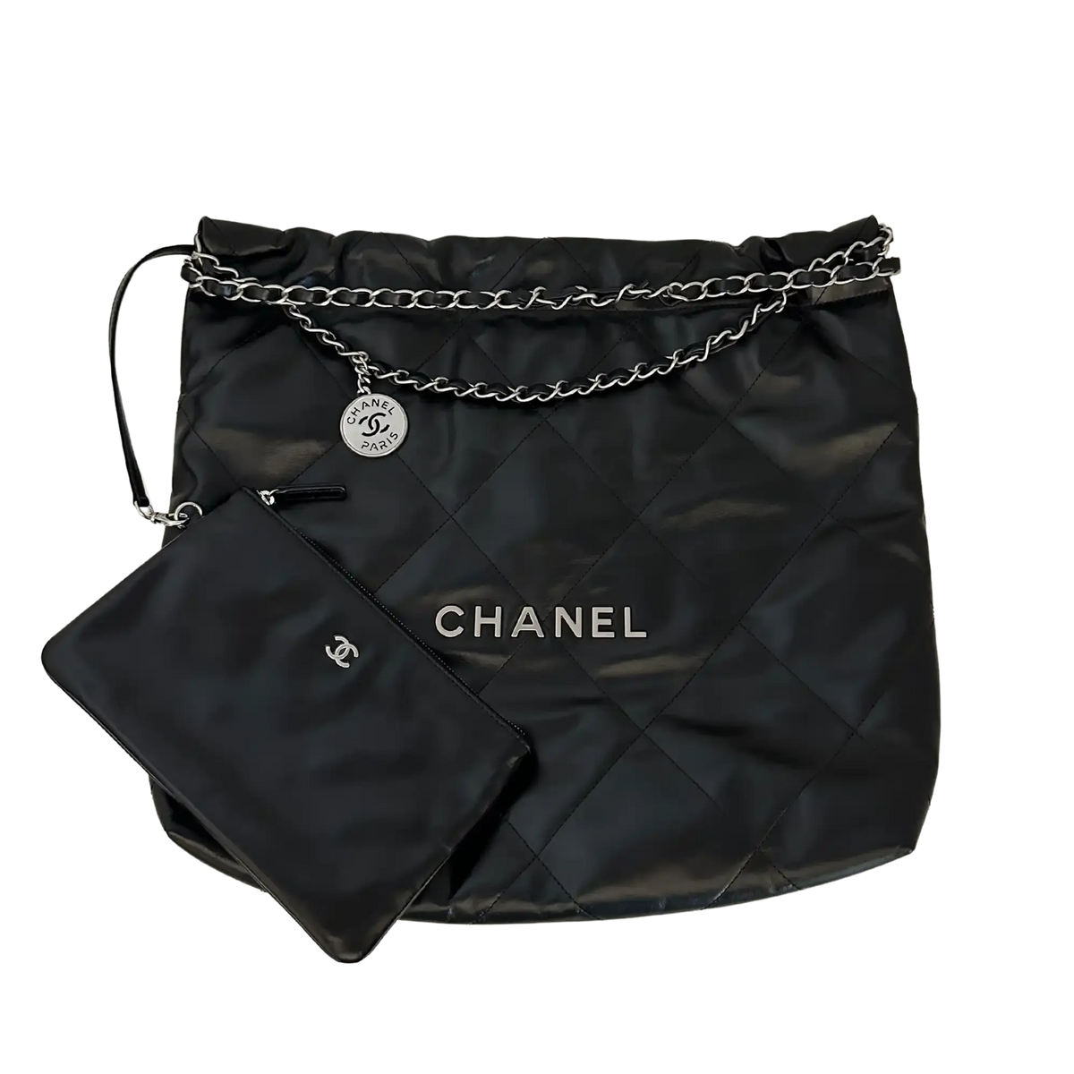 Chanel 22 mittelgoße Hobobag schwarz silberne Hardware 2024 Fullset / neuwertig Chanel