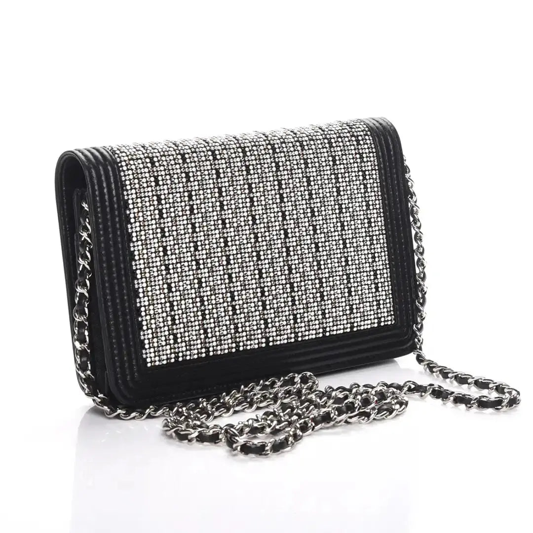 Chanel Boy Strass Wallet On Chain WOC Kalbsleder schwarz / ungetragen Chanel