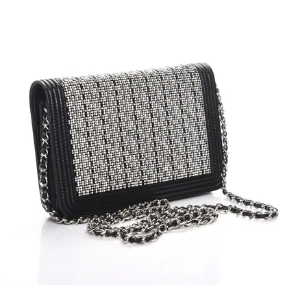Chanel Boy Strass Wallet On Chain WOC Kalbsleder schwarz / ungetragen Chanel