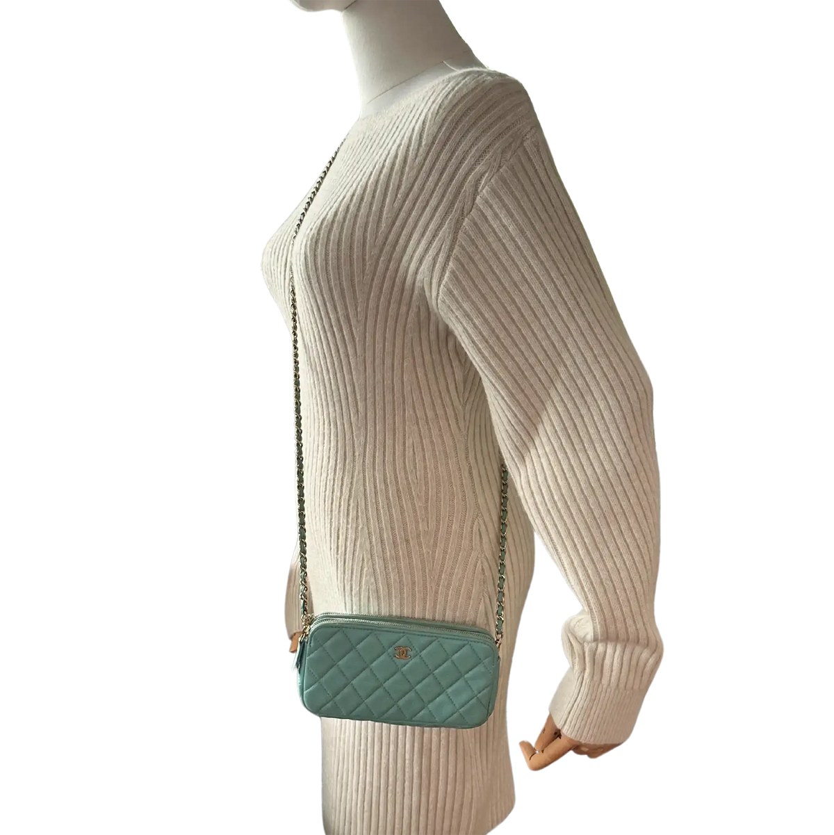 Chanel Double Zip Wallet on Chain türkis Kaviarleder 2020 / sehr gut Chanel