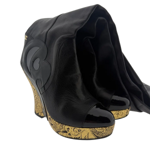 Chanel Thigh High Platform Laarzen zwart goud maat 38 1/2