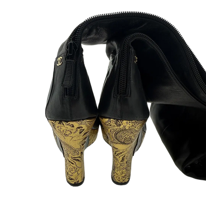 Chanel Thigh High Platform Boots schwarz gold Größe 38 1/2 / sehr gut Chanel