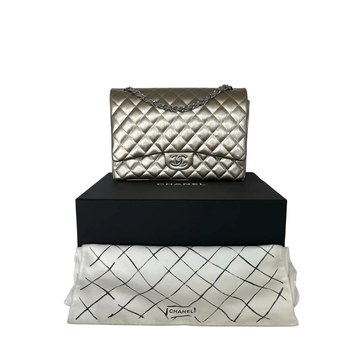 Chanel Timeless Maxi Double Flap Bag Champagner geprägtes Leder mit Iridescent-Finish selten / neuwertig Chanel