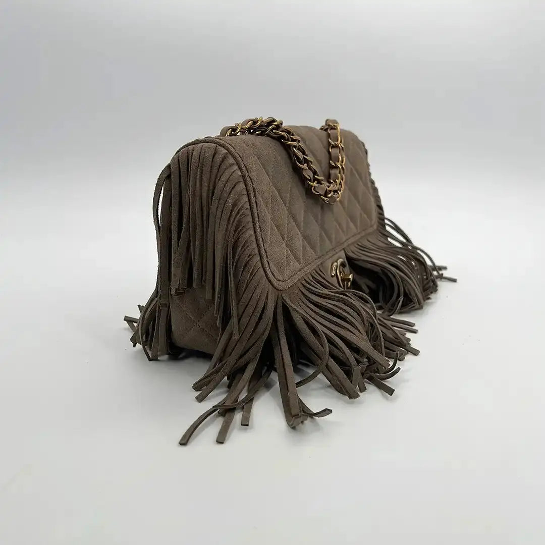 Chanel Timeless Paris-Dallas Fringe Timeless Flap Bag Lammleder grau/taupe  / neuwertig - Echtheitscheck