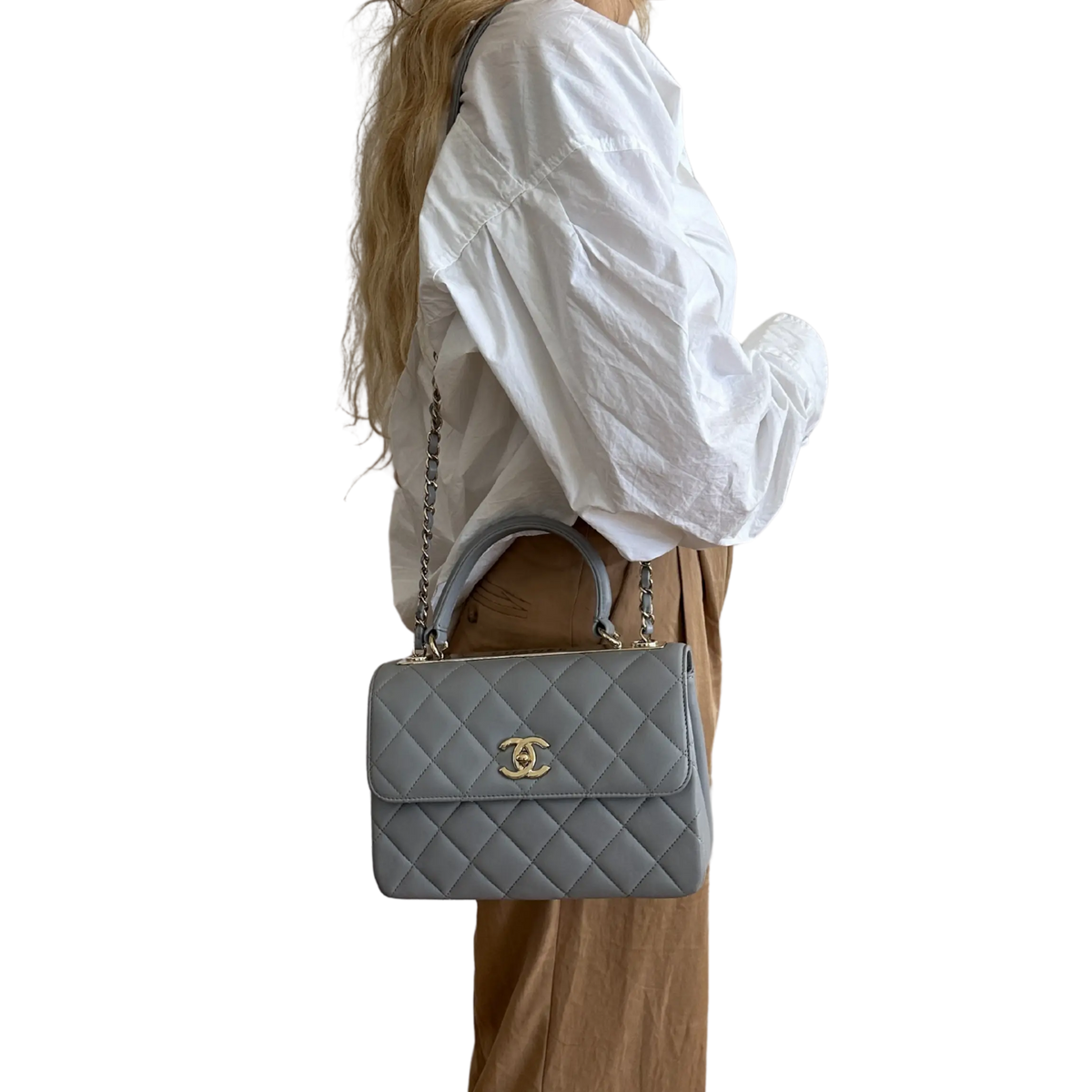 Chanel Trendy CC Top Handle Tasche Lammleder hellgrau Fullset / sehr gut Chanel