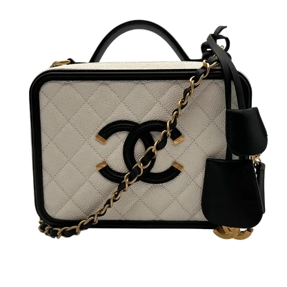 Chanel Vanity Case Bag CC Kaviar Leder schwarz weiß / sehr gut Chanel