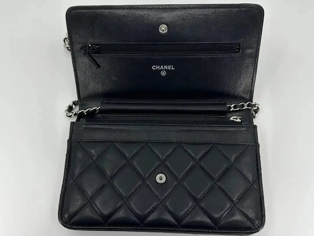 Chanel Wallet on Chain Bag Lammleder Leder schwarz silberne Hardware / gut Chanel