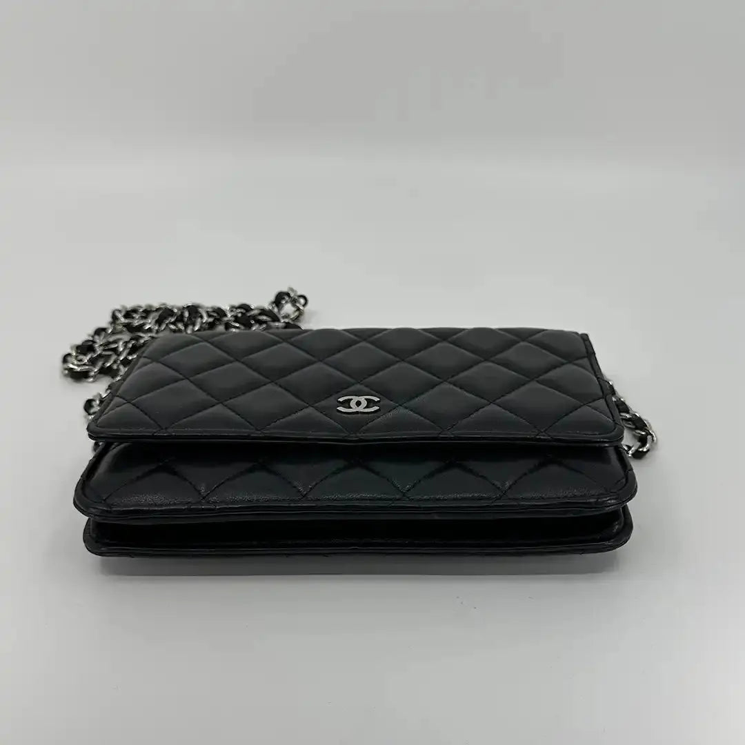 Chanel Wallet on Chain Bag Lammleder Leder schwarz silberne Hardware / gut Chanel