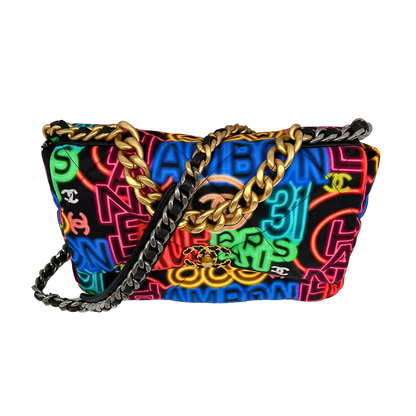 Chanel 19 große Tasche Flap Bag Stoff mehrfarbig Neon Graffiti / sehr gut Chanel