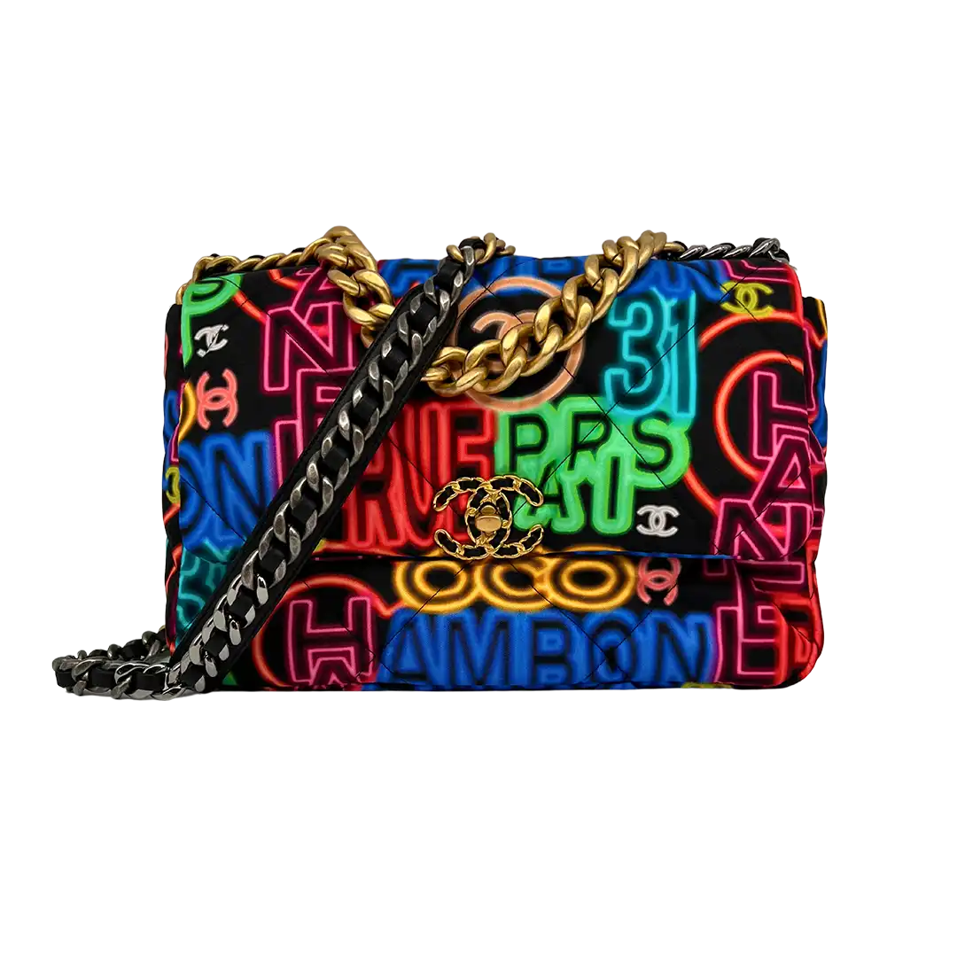 Chanel 19 große Tasche Flap Bag Stoff mehrfarbig Neon Graffiti / sehr gut Chanel