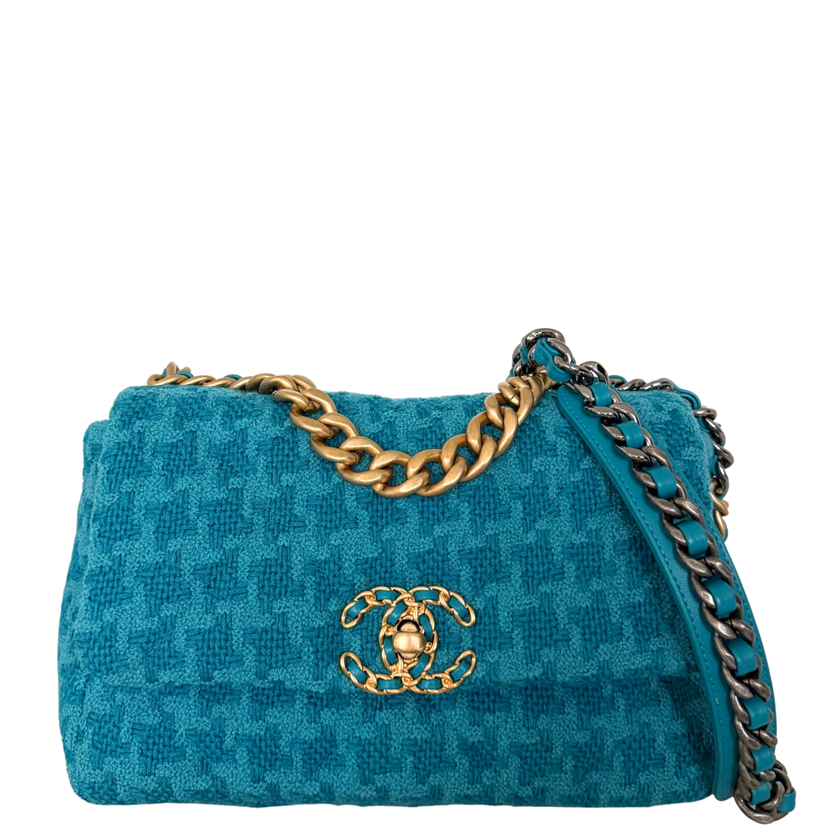 Chanel 19 Schultertasche Tweed Blau Fullset / neuwertig Chanel