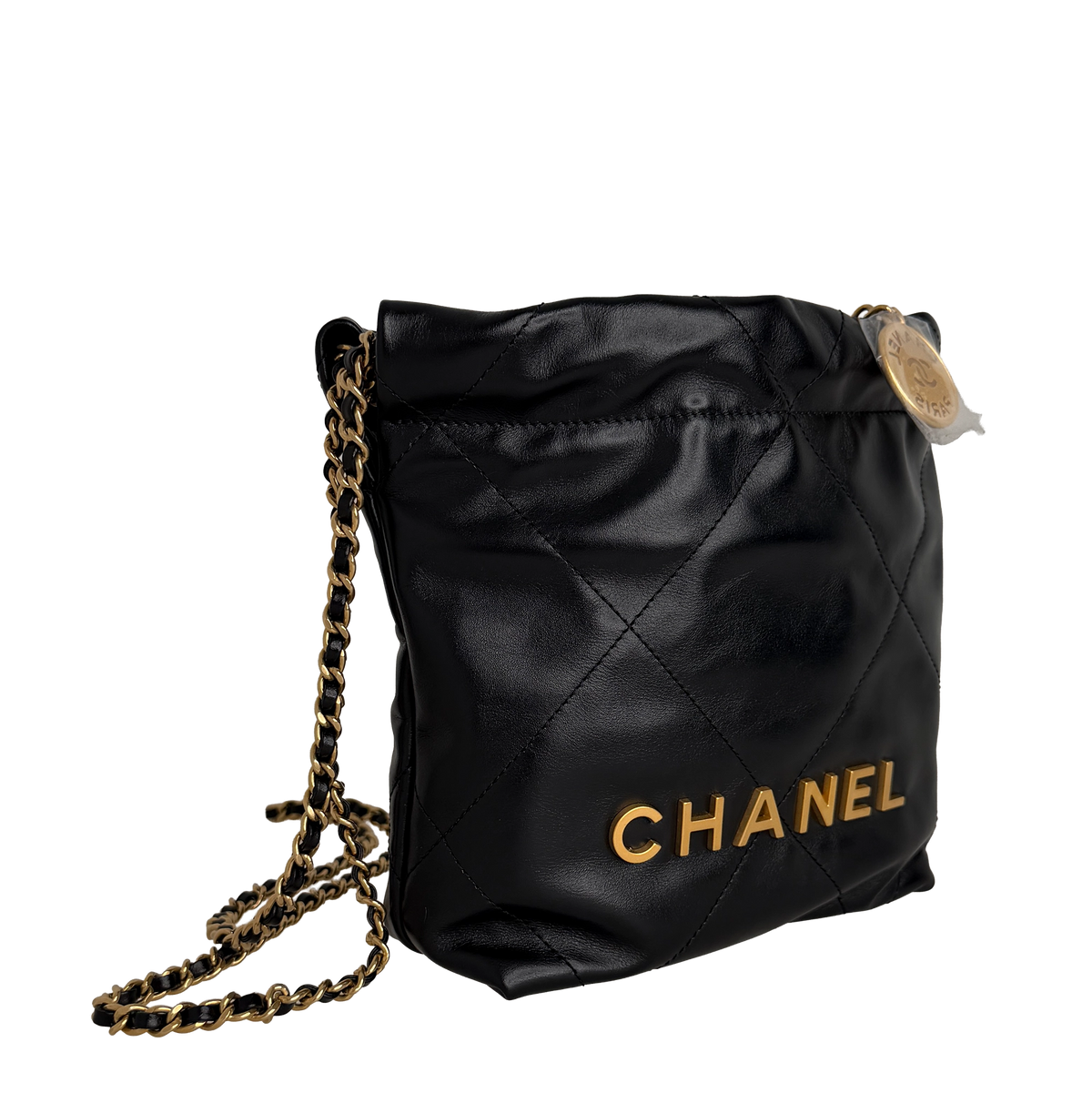 Chanel 22 klein Schwarz glänzenedes Kalbsleder GHW Fullset / neuwertig Chanel