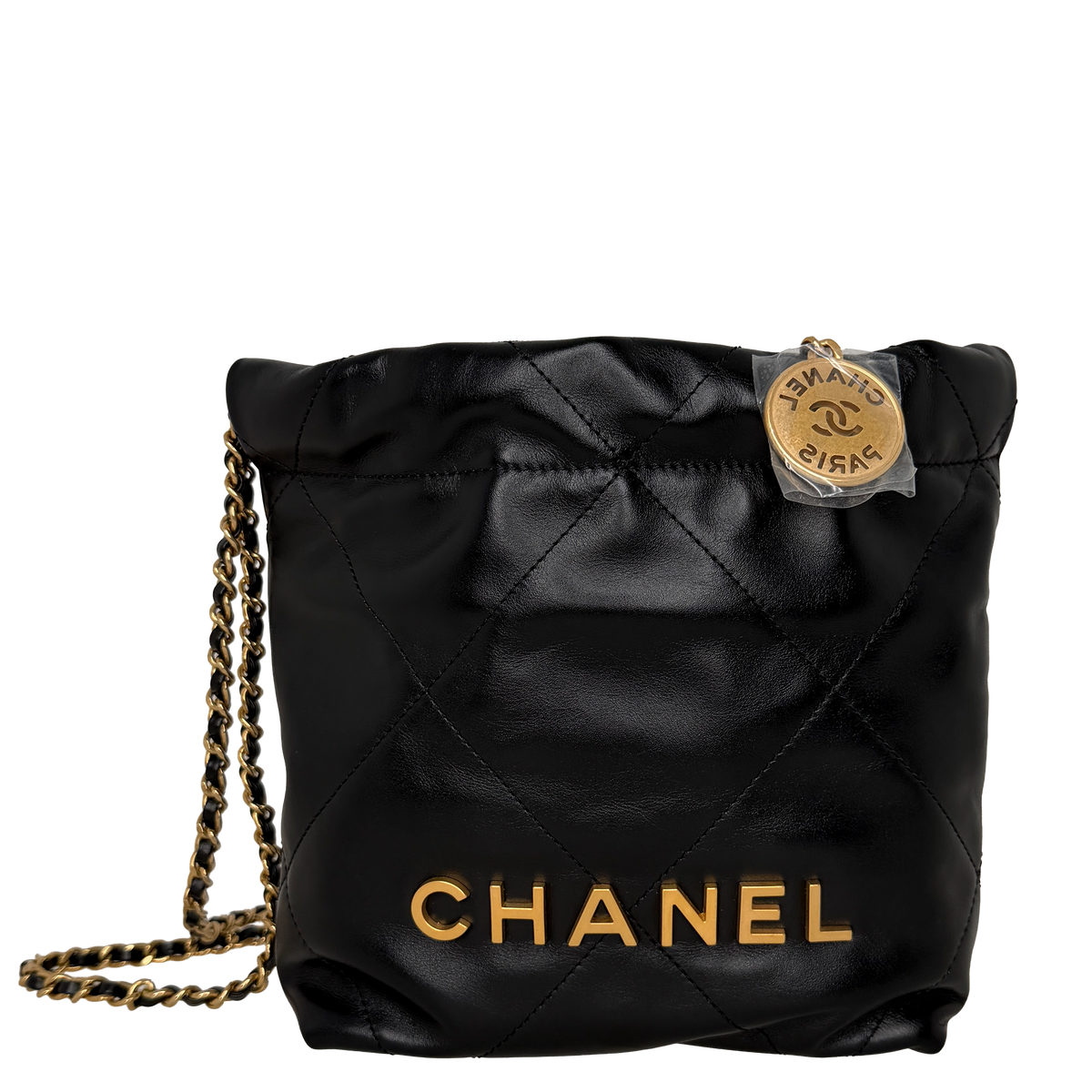 Chanel 22 Small Schwarz glänzendes Kalbsleder GHW Fullset, neuwertig