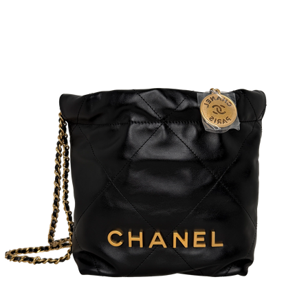 Chanel 22 Small Schwarz glänzendes Kalbsleder GHW Fullset, neuwertig