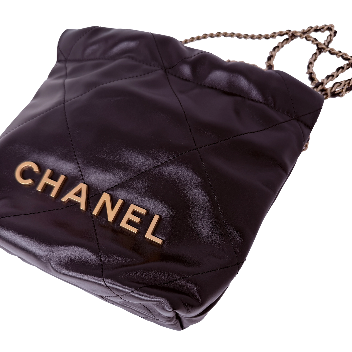 Chanel 22 klein Schwarz glänzenedes Kalbsleder GHW Fullset / neuwertig Chanel