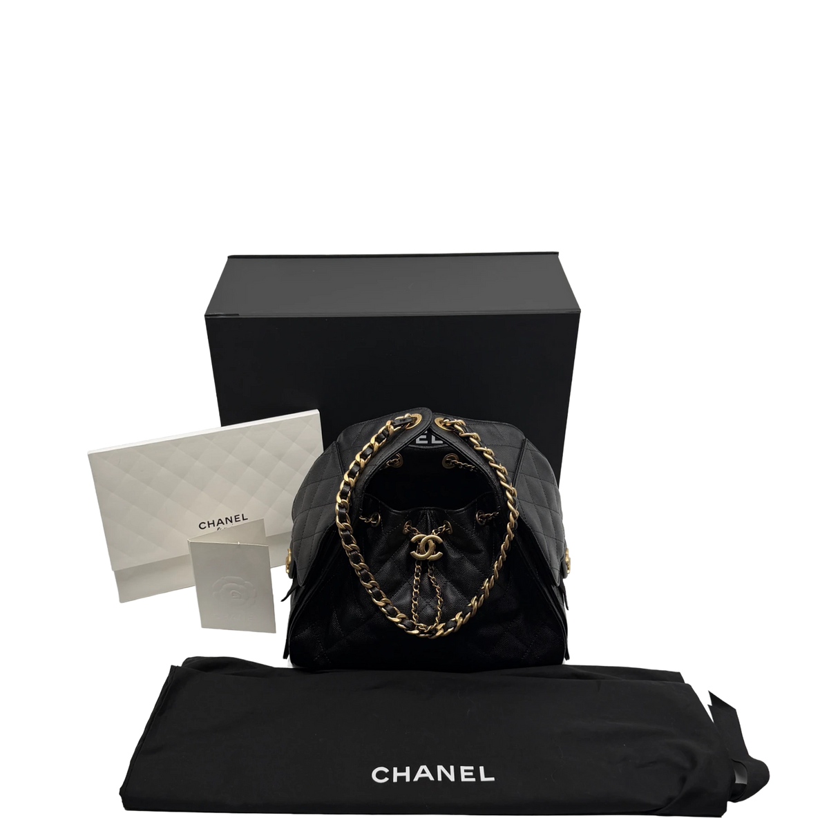 Chanel 25 Kleine Tasche Kaviarleder Schwarz Hardware Gold gealtert – Ansicht 14