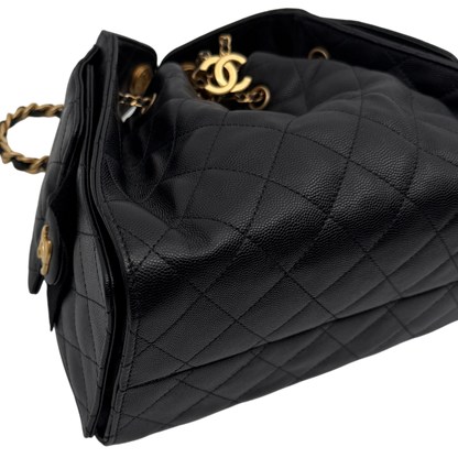 Chanel 25 Kleine Tasche Kaviarleder Schwarz Hardware Gold gealtert – Ansicht 12