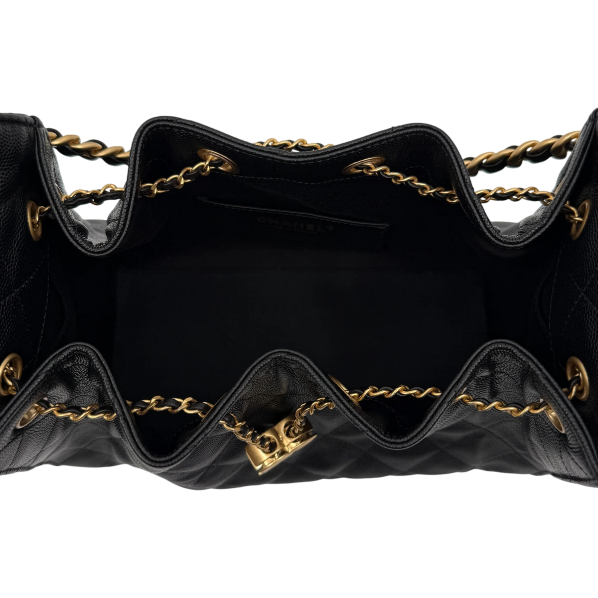 Chanel 25 Kleine Tasche Kaviarleder Schwarz Hardware Gold gealtert – Ansicht 6