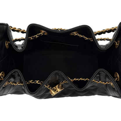 Chanel 25 Kleine Tasche Kaviarleder Schwarz Hardware Gold gealtert – Ansicht 6