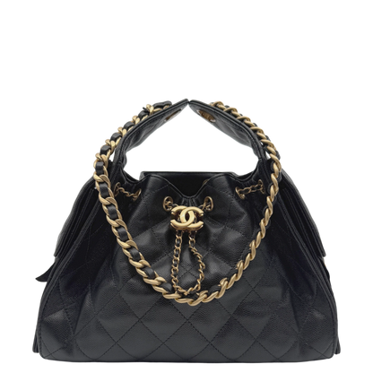 Chanel 25 Kleine Tasche Kaviarleder Schwarz Hardware Gold gealtert