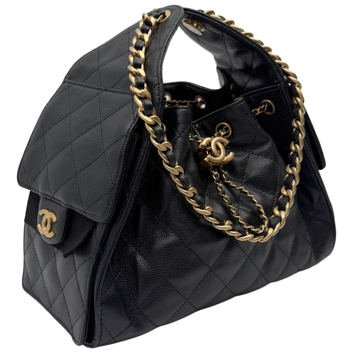 Chanel 25 Kleine Tasche Kaviarleder Schwarz Hardware Gold gealtert – Ansicht 2
