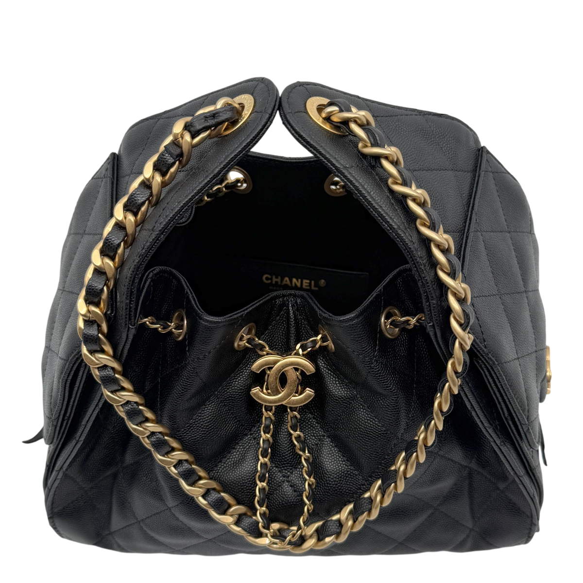 Chanel 25 Kleine Tasche Kaviarleder Schwarz Hardware Gold gealtert – Ansicht 3